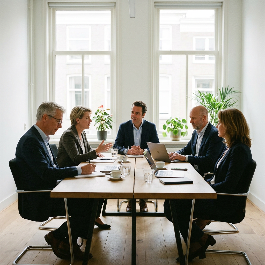 Chief AI Officer Marco Heida leidt een MT-vergadering over AI-governance en AI-strategie aan de directietafel